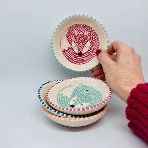 Set of 4 Handmade Ceramic Bowls each Hand Painted with a Coloured Sleeping Fox
