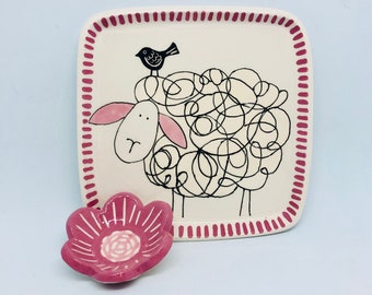 Handmade Ceramic Square Jewellery Organiser Hand Painted with a Sheep, a Pig or a Cow, Handmade Ring Holder, Ceramics and Pottery