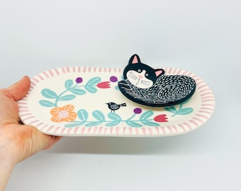 Handmade Ceramic Oval Plate Hand Painted with Floral Motif and Black Cat Shaped Dish, Handmade Tableware, Teabag holder, Cute Ceramics