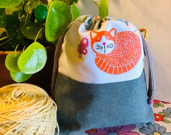Knitting Project Bag, Handmade Drawstring Bag Hand Painted with a Cat, Project Bag, Sock Knitting Bag