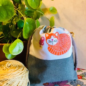 Knitting Project Bag, Handmade Drawstring Bag Hand Painted with a Cat, Project Bag, Sock Knitting Bag Ginger