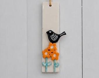 Handmade Ceramic Bird and Flowers Wall Hanging Ornament, Home Decor, Handcrafted Pottery
