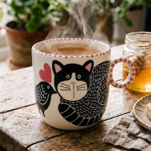 Könnte beinhalten: Ein weißer Keramikbecher mit einer Illustration einer schwarz-weißen Katze, einem kleinen Vogel und einem roten Herz. Der Becher hat einen gepunkteten Henkel und enthält ein dampfendes Getränk. Daneben stehen ein Honigglas und zwei Kekse.