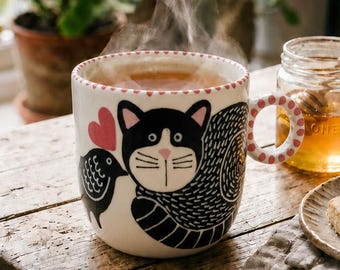 Puede incluir: Una taza de cerámica blanca con una ilustración de un gato en blanco y negro, un pájaro pequeño y un corazón rojo. La taza tiene un asa con lunares y contiene una bebida humeante. Al lado hay un tarro pequeño de miel y dos galletas.