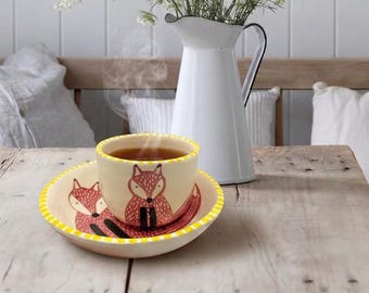 Handmade Ceramic Breakfast Set: Hand-Painted Fox Bowl and Cup, Gift for Fox Lovers