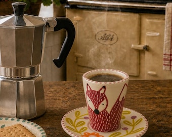 Handmade Ceramic Espresso Cup & Saucer Set: Hand-Painted Fox and Floral Design