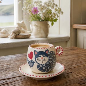 May include: A ceramic mug and saucer set featuring a hand-painted dark blue cat, a small bird, and a red heart on a cream background. The mug has a round handle with red dots, and both the mug rim and saucer edge are decorated with red painted dots.
