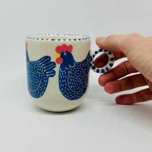 Handmade Ceramic Mug Hand Painted with a Blue Hen, Colourful Hens, Mugs and Cups, Handmade Mug, Countryside Mug, Coffee Lover, Tea Lover