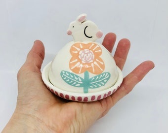 Handmade Ceramic Dish Hand Painted with Flowers and a Cute Bunny, Spice Jar, Salt and Pepper