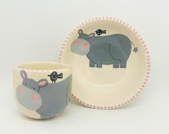 Handmade Ceramic Bowl and Cup  Set Hand Painted with a Grey Hippo and a Black Bird, Ceramic Breakfast Set, Ceramics and Pottery