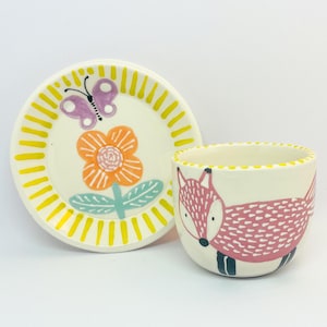 Handmade Ceramic Cup and Saucer: Fox, Butterfly, Flower Design