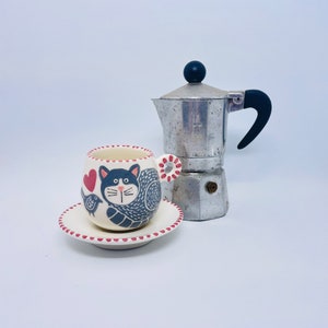 Handmade Ceramic Espresso Cup Hand Painted with a Blue Cat and Bird, Cup and Saucer, Handmade Cup, Gift for Coffee Lovers, Cat Lovers