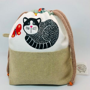 Knitting Project Bag, Handmade Drawstring Bag Hand Painted with a Cat, Project Bag, Sock Knitting Bag image 9