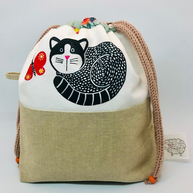 Knitting Project Bag, Handmade Drawstring Bag Hand Painted with a Cat, Project Bag, Sock Knitting Bag image 9