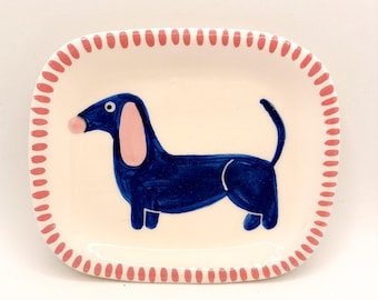 Jabonera de cerámica hecha a mano: Perro salchicha azul pintado a mano, accesorio de baño, decoración del hogar, cerámica artesanal