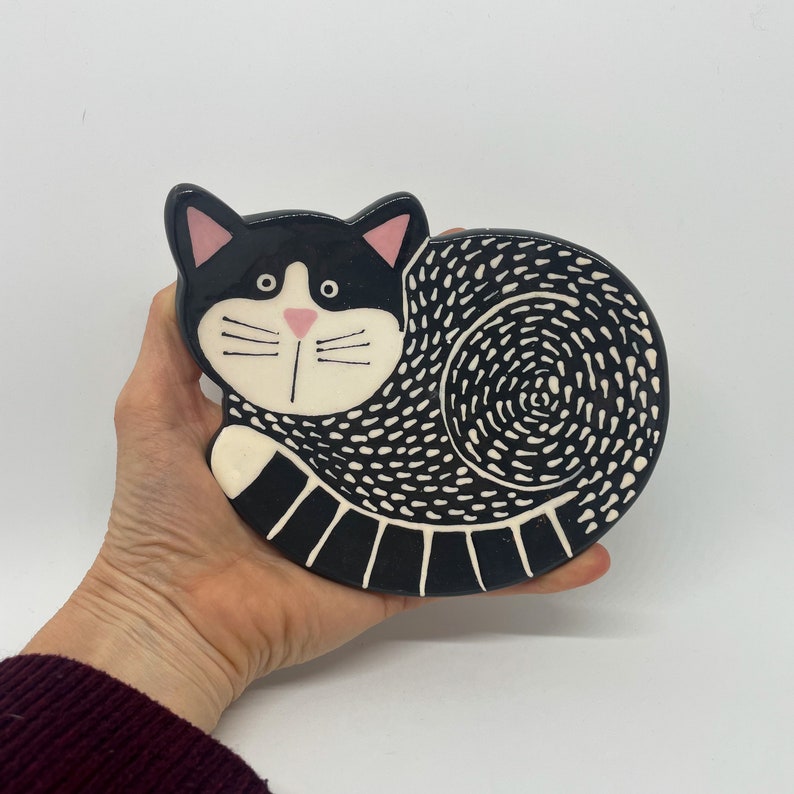 Handmade Ceramic Cat Shaped Bowl, Ceramics and Pottery, Hand Painted Cat Bowl, Cat Shaped Trinket Dish, Cat Shaped Pet Bowl image 1