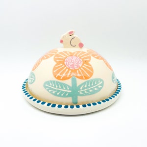 Handmade Ceramic Butter Dish Hand Painted with Flowers and a Cute Bunny, Butter Plate and Dome