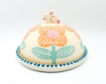 Handmade Ceramic Butter Dish Hand Painted with Flowers and a Cute Bunny, Butter Plate and Dome