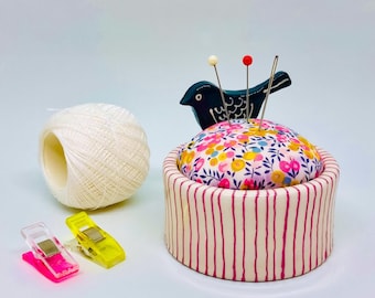 Handmade Ceramic Pin Cushion Decorated with a Little Black Bird and Liberty Fabric