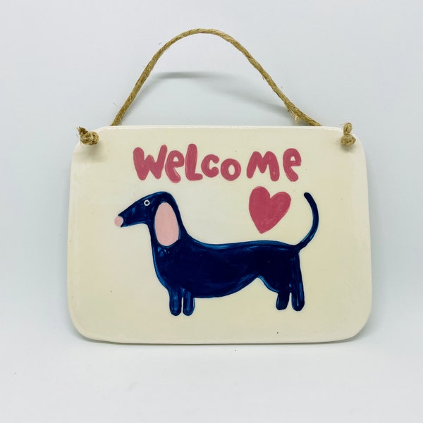 Handmade Ceramic Wall Hanging Tile Hand Painted with a Blue Dachshund, Wall Plaque, Welcome Home Sign, Handmade Tile, Home Decor