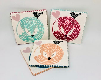 Set of 4 Handmade Ceramic Coasters each Hand Painted with a Coloured Fox