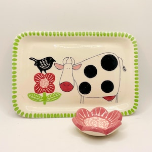 Handmade Ceramic Cow Dish: Square Jewelry Organizer, Home Decor