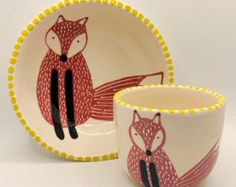 Handgemachte Keramik Frühstück Set: Handbemalte Fuchs Schüssel und Tasse, Geschenk für Fuchs Liebhaber