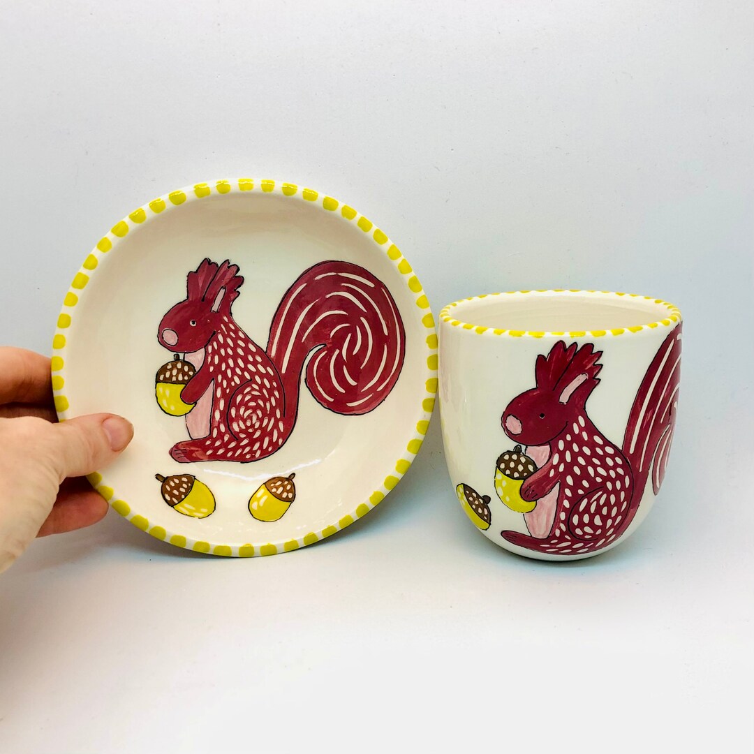 Handmade Ceramic Bowl and Mug Set Hand Painted With a Squirrel or a