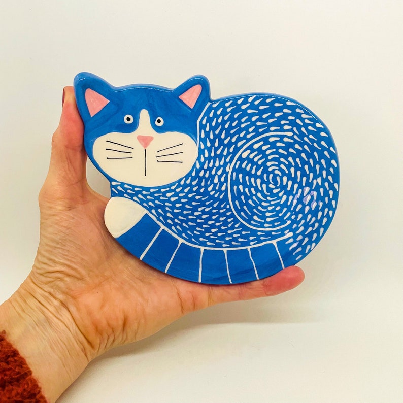 Handmade Ceramic Cat Shaped Bowl, Ceramics and Pottery, Hand Painted Cat Bowl, Cat Shaped Trinket Dish, Cat Shaped Pet Bowl Blue