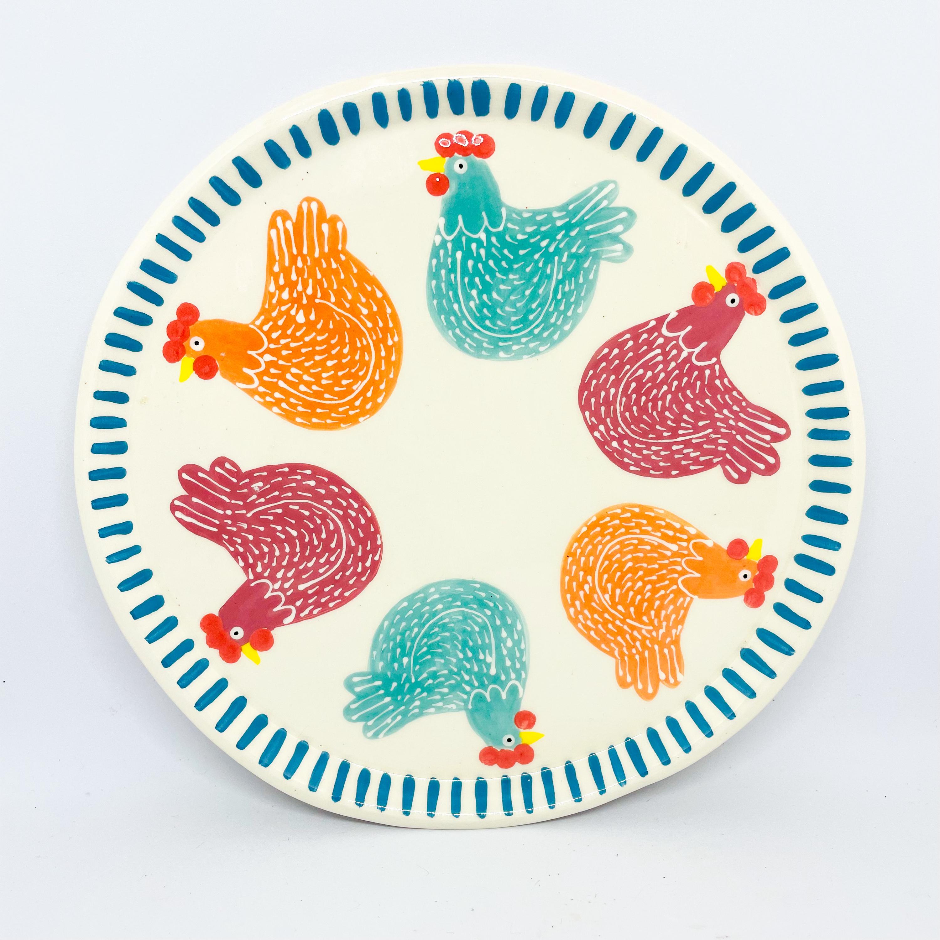 Handmade Ceramic Plate Hand Painted with 6 Colourful Hens, Hand Painted Plate