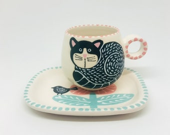 Handmade Ceramic Espresso Cup Hand Painted with a Black Cat a Bird and a Flower, Cup and Saucer, Handmade Gift, Gift for Coffee Lovers