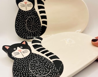 Ręcznie robiony ceramiczny talerzyk dla kota: fantazyjny wystrój domu, prezent dla miłośnika kotów