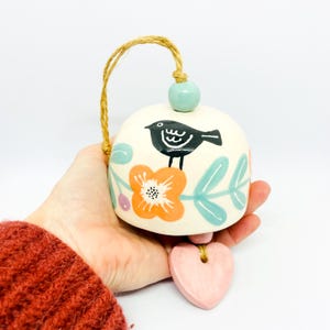 Handmade Ceramic Bell: Hand-Painted Bird & Flowers, Italian Pottery
