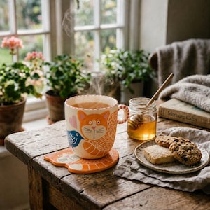 Könnte beinhalten: Ein Keramikbecher mit einer orangefarbenen Katzenillustration und einem kleinen blauen Vogel, der auf einem passenden katzenförmigen Untersetzer steht. Der Becher enthält ein dampfendes Getränk. Daneben ein Honigglas mit Holzlöffel und zwei Kekse.