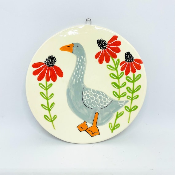Handmade Ceramic Wall Hanging Ornament: Hand-Painted Goose and Floral Design, Home Decor, Handcrafted Pottery