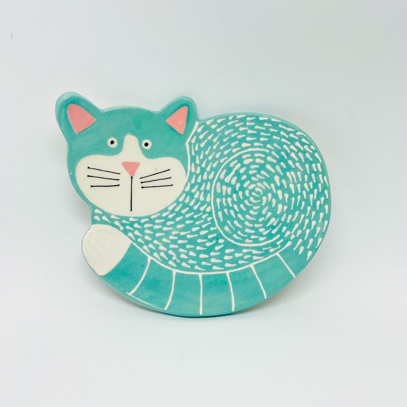 Handmade Ceramic Cat Shaped Bowl, Ceramics and Pottery, Hand Painted Cat Bowl, Cat Shaped Trinket Dish, Cat Shaped Pet Bowl Mint