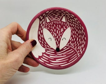 Handmade Ceramic Sleeping Fox Bowl, Hand Painted Fox Dish, Ring Holder Dish, Gift for Fox Lover, Fox Trinket Dish, Small Fox Bowl
