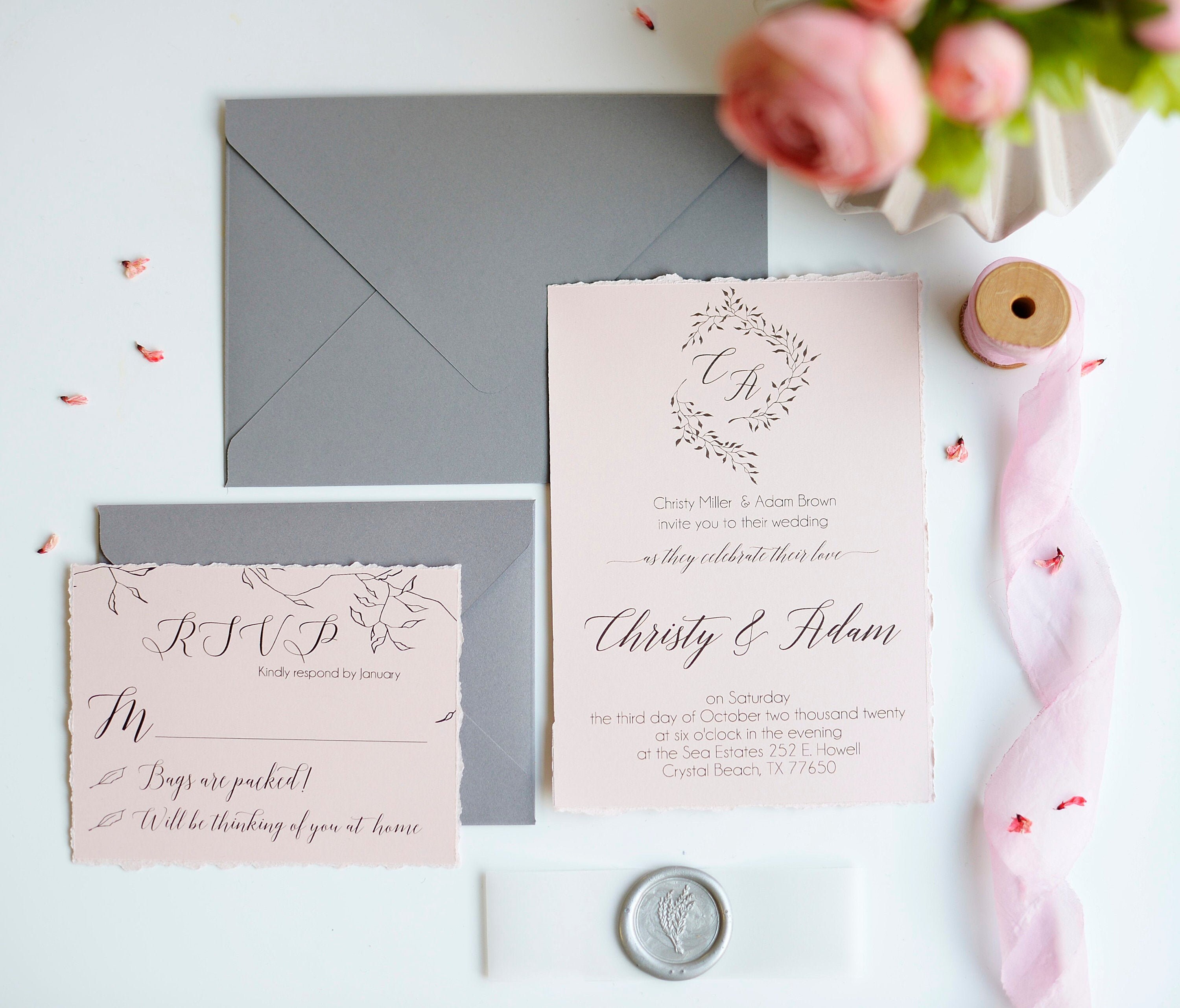 Deckled Edge Wedding Invitation Blush and Grey Wedding Etsy