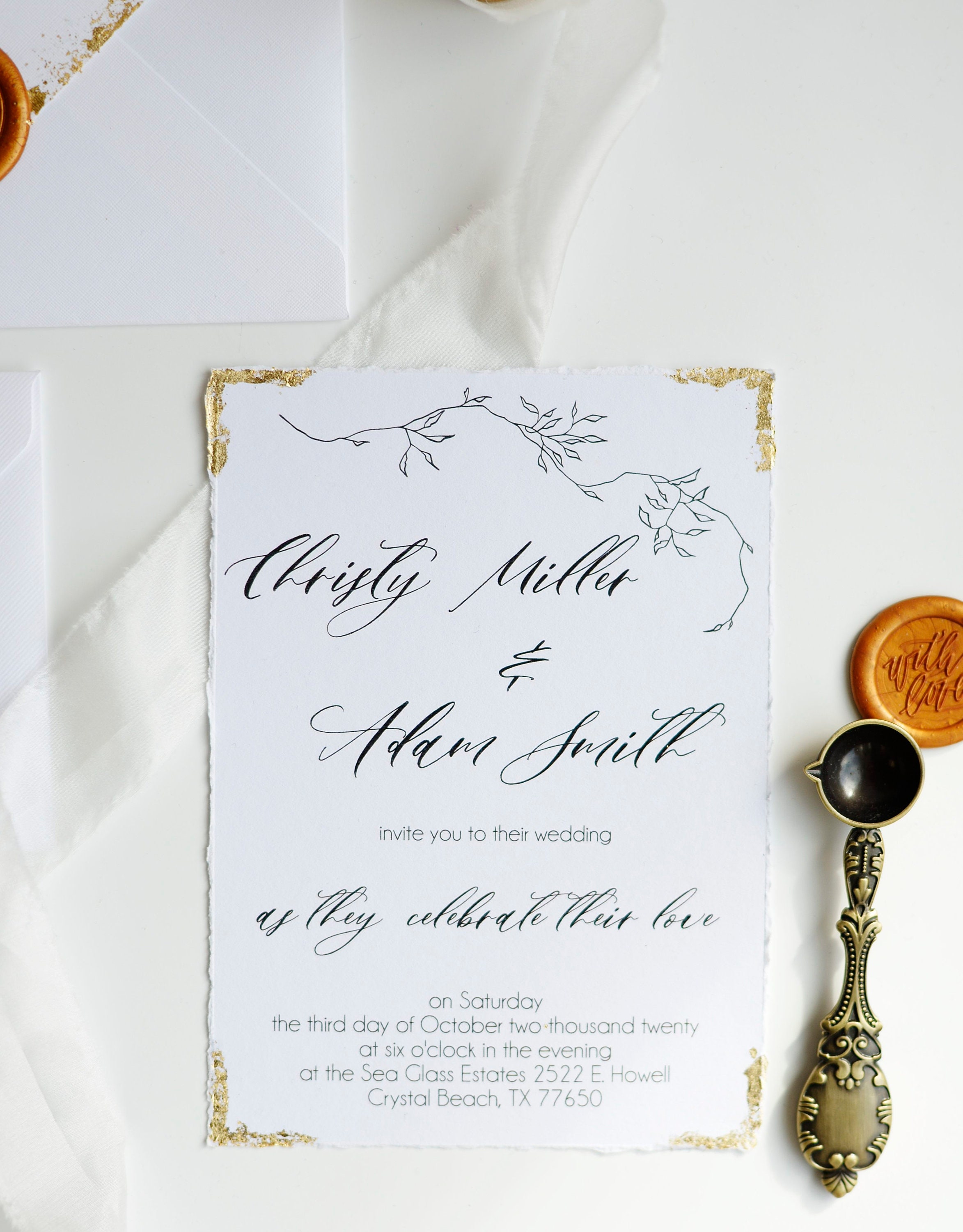 Deckled Edge Wedding Invitation Wedding Invitation Set Gold Etsy