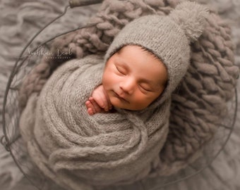 Knit wrap, baby wrap, Newborn wrap, Pixie bonnet, removable pom, extra long wrap, matching set, newborn set, bonnet, baby set, newborn prop
