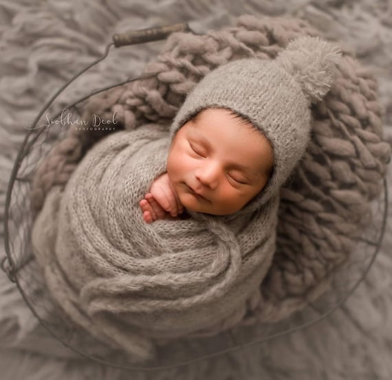 Knit Wrap Baby Wrap Newborn Wrap Pixie Bonnet Removable Pom