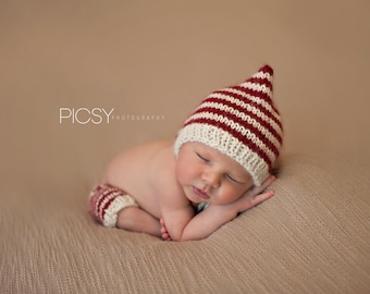 Holiday knit baby prop, pixie hat, pixie bonnet, striped shorts, baby shorts, newborn photo prop, striped set, christmas set, christmas prop