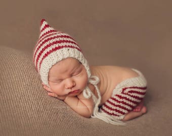 Holiday knit baby prop, pixie hat, pixie bonnet, striped shorts, baby shorts, newborn photo prop, striped set, christmas set, christmas prop