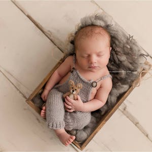 Peut inclure: Un nouveau-né portant une tenue en tricot gris avec un petit animal en peluche dans la main, allongé dans une boîte en bois avec une couverture en fourrure grise.