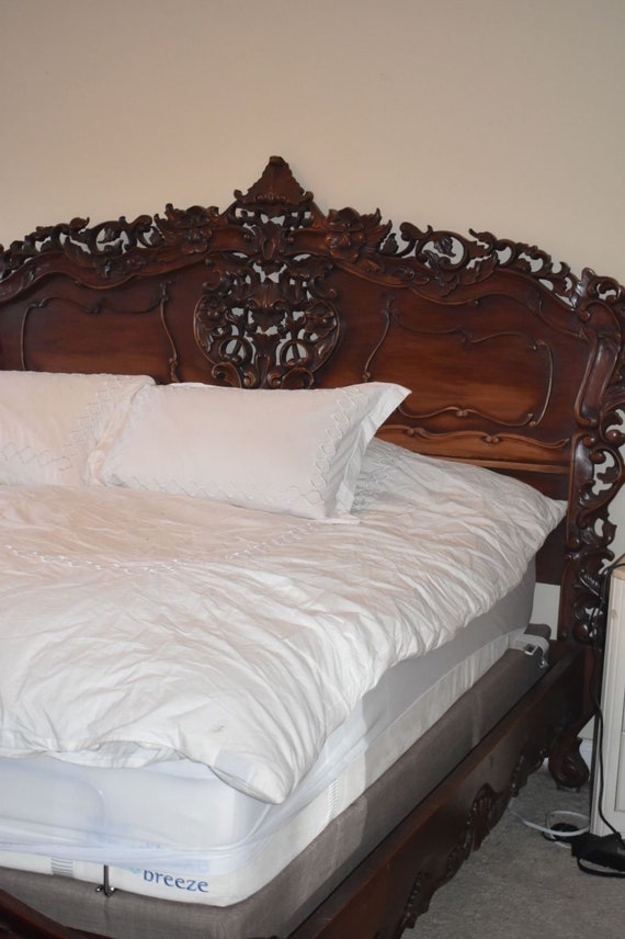Vintage Ornate Carved Gany Wood King Bed Frame