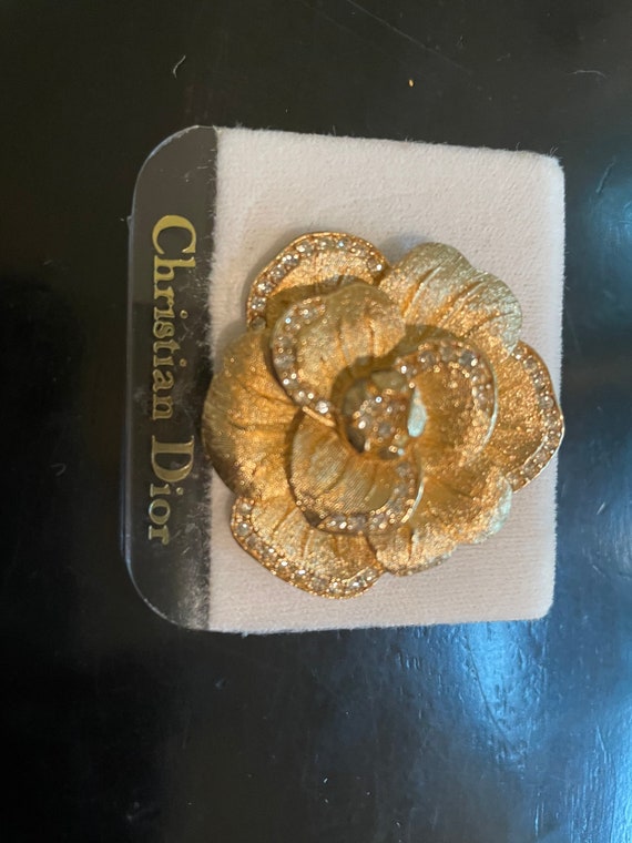 Christian Dior Rose Brooch Gold with Crystals Gem