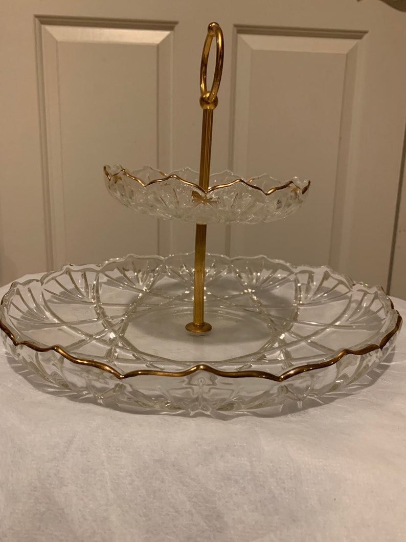 Crystal TwoTier Serving Tray Dish with Gold Trim Etsy