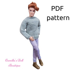 Knitted doll sweater pattern for male fashion dolls. With buttons on the back. PDF PATTERN