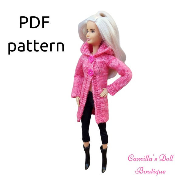 Knitted hoodie pattern for a Barbie doll. PDF PATTERN