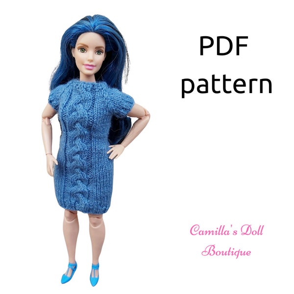 Knit dress digital pdf pattern for a curvy Barbie doll